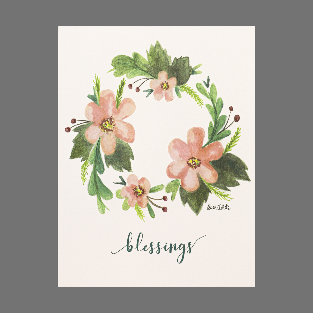 Pack of 4 "Blessings" with Pink Flower Wreath (20023) JuLu Cards