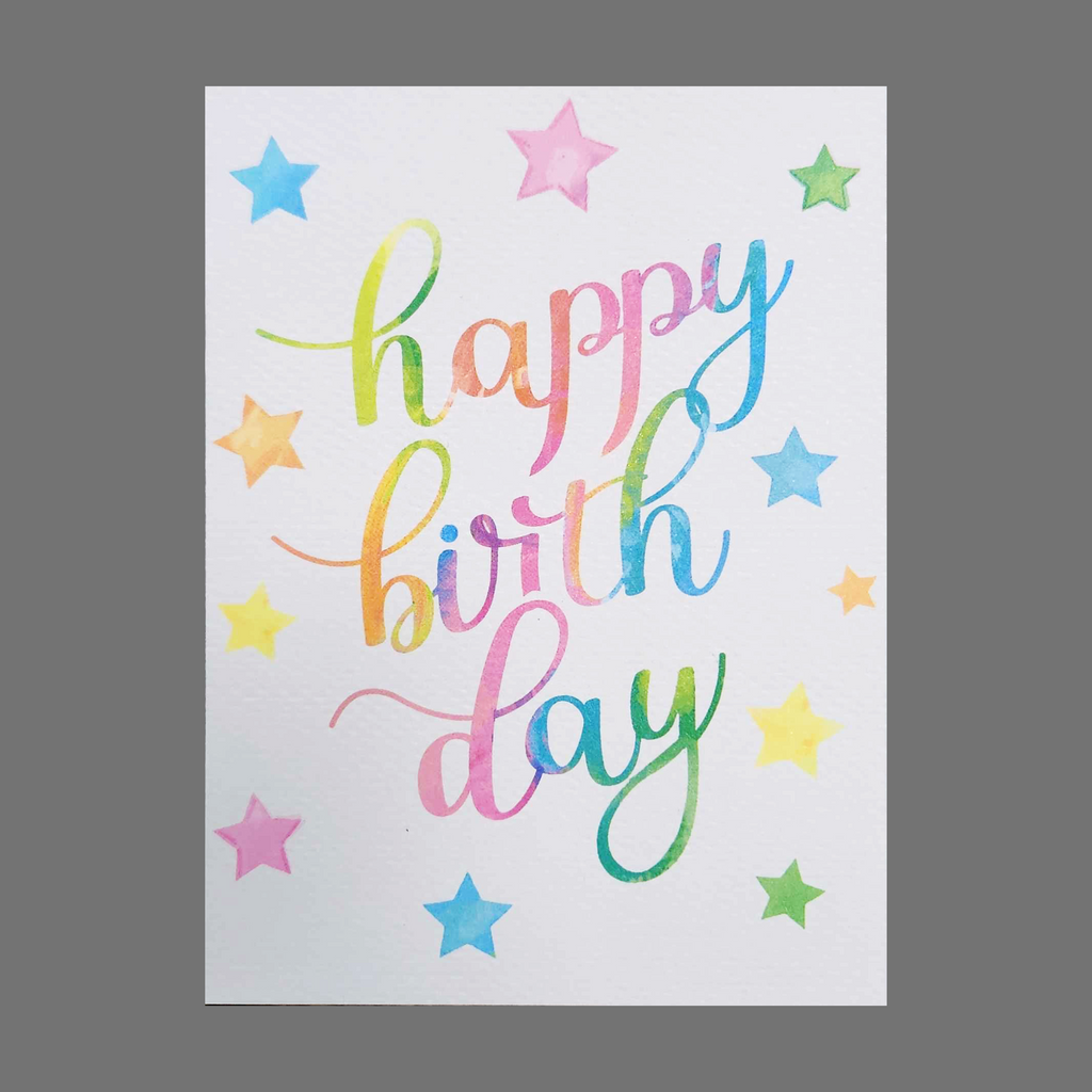 Rainbow watercolor happy birthday greeting card.