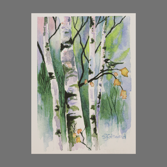 Pack of 4 - Birch Trees with Bird and Blue, Green and Pink Background (20022)