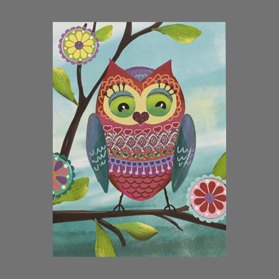 Pack of 4 - Colorful Large Owl on Branch with Circular Flowers (20009)