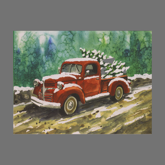 Pack of 4 - Red Truck with Snow-Covered Tree Christmas Scene (20006)
