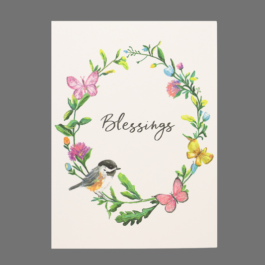 Pack of 4 - "Blessings" with Bird and Butterflies on Wreath (20038)