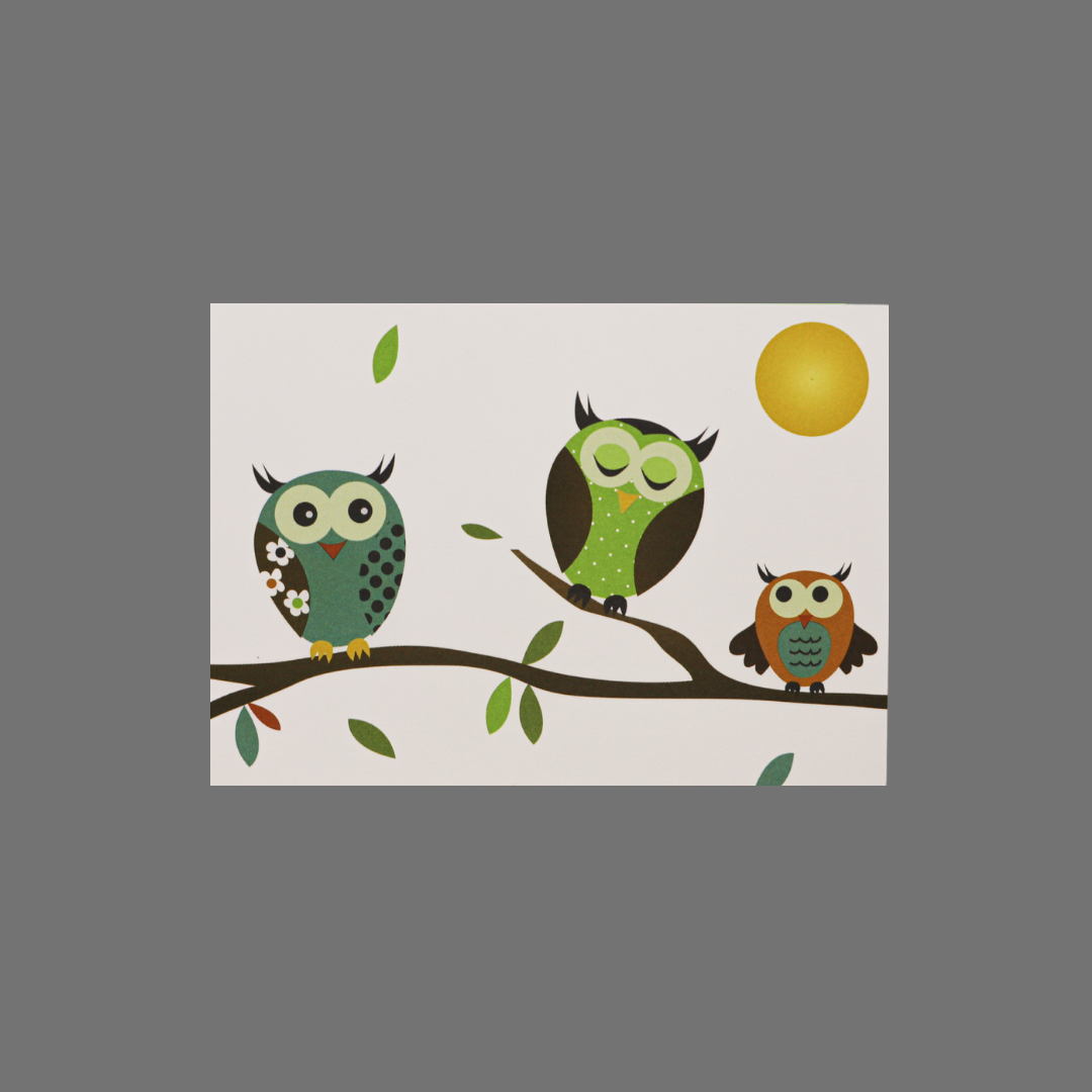 Pack of 8 - Three Owls on Branch with Middle Asleep (10046)