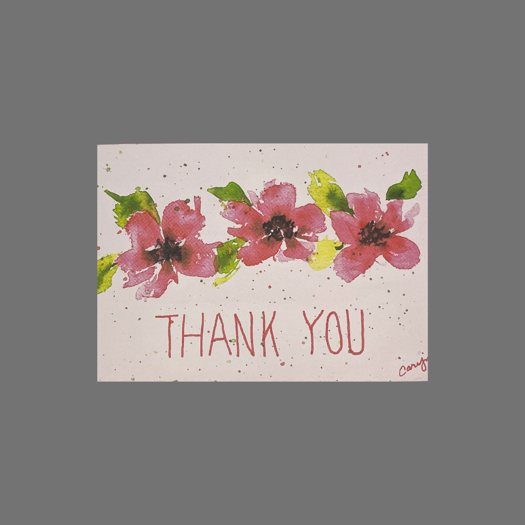 Pack of 8 - "THANK YOU" with Three Pink Flowers (10077)